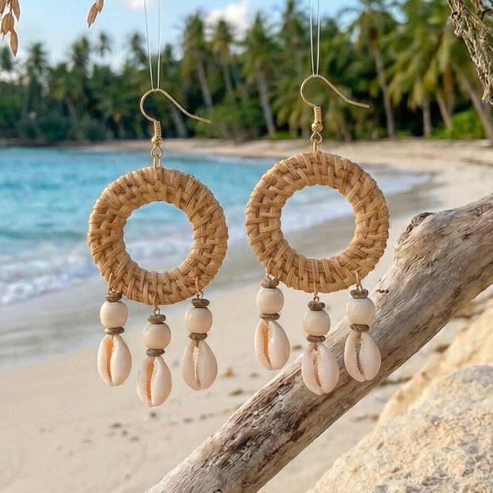 Rattan Woven Hoop Earrings Cowrie Shell Dangle Boho Coastal Mermaidcore Beach